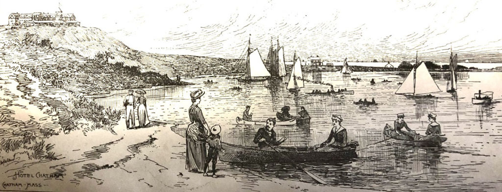 Pen and ink illustration from the late 1800s of visitors to Chatham rowing, sailing, walking the beach.